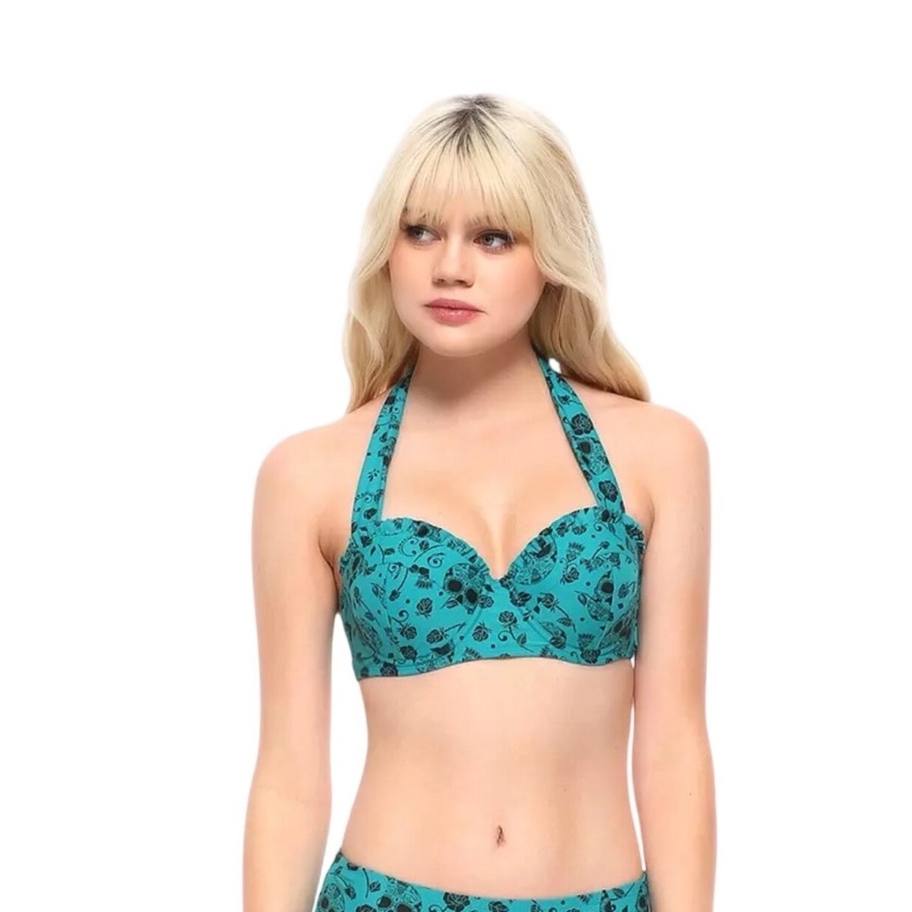 Hot Topic Midnight Hour Teal Sugar Skull Rose Halter Bikini Top Medium Underwire